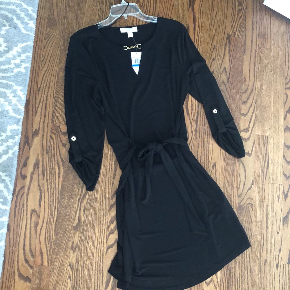 MICHAEL KORS BLACK SHIRT DRESS WITH TIE, GOLD HARDWARE